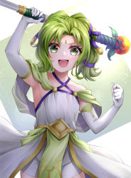 Rule 34 | 1girl, :d, aged down, armpits, bare shoulders, child, circlet, dress, elbow gloves, fire emblem, fire emblem: the sacred stones, fire emblem heroes, gloves, green eyes, green hair, holding, holding staff, l&#039;arachel (fire emblem), looking at viewer, nintendo, official alternate costume, open mouth, sleeveless, sleeveless dress, smile, solo, staff, ten (tenchan man), white dress, white gloves