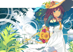 Rule 34 | 1girl, :&gt;, arms behind back, blue bow, blue eyes, blue ribbon, blurry, blush, bouquet, bow, brown hair, circle, closed mouth, cloud, cowboy shot, day, depth of field, dress, flower, hat, hat ribbon, highres, holding, holding bouquet, looking at viewer, medium hair, off-shoulder dress, off shoulder, orange flower, orange rose, original, outside border, photoshop (medium), red flower, red rose, ribbon, rose, sidelocks, sky, smile, solo, straw hat, summer, sunflower, sutorora, white dress