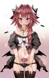 Rule 34 | 1boy, astolfo (fate), bad id, bad pixiv id, bat (animal), black bow, black panties, black ribbon, black thighhighs, blush, bow, braid, bulge, candy, commentary request, cum, fang, fate/grand order, fate (series), food, hair between eyes, hair bow, hair ribbon, halloween, heart, heart tattoo, highres, in mouth, lollipop, long hair, looking at viewer, male focus, navel, panties, pink hair, pubic tattoo, purple eyes, ribbon, single braid, skin fang, smile, solo, suou-sensei, tattoo, thighhighs, trap, underwear, white hair, wings