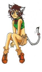 Rule 34 | 1girl, :3, animal ears, breasts, brown eyes, brown hair, brown shorts, brown socks, cat ears, cat girl, cat tail, claws, fang, final fantasy, final fantasy vii, green shirt, looking at viewer, manda des, medium breasts, midriff, navel, red footwear, shirt, shoes, short hair, shorts, sitting, sleeveless, sleeveless shirt, smile, sneakers, socks, square enix, tail, tail ornament, tail ring, white background, yuffie kisaragi