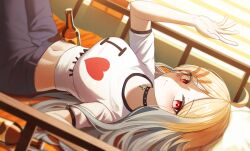 Rule 34 | 1girl, absurdres, ahoge, arch a4, beer bottle, black choker, blonde hair, blurry, blurry foreground, blush, breasts, choker, closed mouth, commentary, cropped shirt, cross, cross choker, expressionless, gradient hair, grey hair, hand up, highres, i heart..., jingburger, large breasts, looking at viewer, lying, midriff, multicolored hair, navel, on back, on bed, pants, red eyes, shirt, short sleeves, solo, stomach, virtual youtuber, waktaverse, white shirt