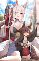 Rule 34 | 3girls, = =, age difference, akagi-chan (azur lane), amagi-chan (azur lane), animal ear fluff, animal ears, arm up, azur lane, bell, black choker, black kimono, black sash, blue skirt, blue sky, blunt bangs, blush, breasts, brown hair, choker, cleavage, closed eyes, cloud, cloudy sky, collar, commentary, dated commentary, detached collar, english commentary, floor, flower, fox ears, fox girl, hair flower, hair ornament, hand in another&#039;s hair, hand on another&#039;s shoulder, hand on another&#039;s waist, hand up, highres, holding, holding toy, japanese clothes, kaga (azur lane), kimono, kneeling, large breasts, long hair, motion lines, multiple girls, obi, one-armed hug, open mouth, print kimono, purple shirt, red kimono, red skirt, samip, sash, shirt, short hair, sitting, sitting between lap, skirt, sky, smile, sweatdrop, teeth, toy, toy airplane, tree, upper teeth only, white collar, white hair, white kimono, window