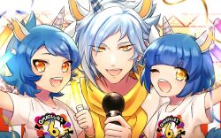 Rule 34 | 3boys, animal ears, balt (show by rock!!), blue hair, brothers, highres, holding, holding microphone, horns, horse ears, light blue hair, looking at viewer, male focus, mel6969, microphone, multiple boys, nickel (show by rock!!), orange eyes, shirt, short sleeves, show by rock!!, siblings, single horn, titan (show by rock!!), unicorn boy, white shirt