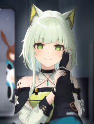 Rule 34 | 1other, 2girls, absurdres, amiya (arknights), animal ears, arknights, bare shoulders, blunt bangs, blurry, cat ears, closed mouth, collar, commentary, depth of field, doctor (arknights), dress, green dress, green eyes, green hair, hand on another&#039;s cheek, hand on another&#039;s face, highres, jewelry, kal&#039;tsit (arknights), looking ahead, looking at viewer, material growth, multiple girls, oripathy lesion (arknights), peeking out, pendant, pov, pov hands, short hair with long locks, smile, solo focus, straight-on, twitter username, upper body, zinkaa