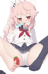 Rule 34 | 1girl, ahoge, bitseon, black sailor collar, black skirt, black thighhighs, blue archive, blush, breasts, buttons, cardigan, food, fruit, halo, highres, holding, holding food, long hair, long sleeves, natsu (blue archive), neckerchief, pink hair, pink halo, pleated skirt, popsicle, red eyes, red neckerchief, sailor collar, side ponytail, simple background, skirt, small breasts, solo, strawberry, thighhighs, toes, tongue, tongue out, white background, white cardigan