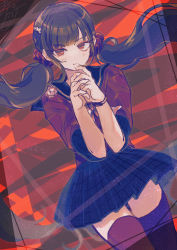Rule 34 | 1girl, absurdres, black sailor collar, black skirt, blush, brown background, closed mouth, cowboy shot, danganronpa (series), danganronpa v3: killing harmony, dutch angle, floating hair, hair ornament, hairclip, harukawa maki, highres, long hair, looking at viewer, low twintails, maico (manya0321), own hands together, plaid, plaid skirt, pout, red background, red scrunchie, red shirt, sailor collar, scrunchie, shirt, skirt, solo, thighhighs, twintails, zettai ryouiki