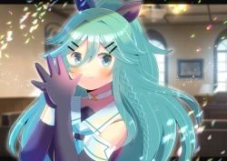 Rule 34 | 1girl, black gloves, black ribbon, blue neckwear, blurry, blurry background, blush, braid, choker, closed mouth, commentary request, depth of field, elbow gloves, gloves, green eyes, green hair, hair between eyes, hair ornament, hair ribbon, hairclip, hands up, high ponytail, kantai collection, kou hiyoyo, letterboxed, long hair, looking at viewer, ponytail, ribbon, shirt, sleeveless, sleeveless shirt, smile, solo, steepled fingers, upper body, very long hair, white choker, white shirt, yamakaze (kancolle)