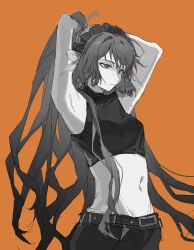 Rule 34 | 1girl, ahoge, arms up, belt, bow, closed mouth, crop top, greyscale, greyscale with colored background, hair bow, hairband, high ponytail, highres, ishmael (project moon), limbus company, long hair, monochrome, navel, orange background, pants, project moon, shirt, simple background, sleeveless, sleeveless shirt, solo, sona (lnjixn), very long hair