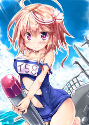 Rule 34 | 10s, 1girl, absurdres, blush, breasts, cleavage, highres, i-58 (kancolle), kantai collection, kneeling, large breasts, nanpuu, navel, off shoulder, one-piece swimsuit, pink eyes, pink hair, school swimsuit, short hair, smile, solo, swimsuit, torn clothes, torn swimsuit, torpedo, type 95 torpedo