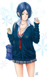 10s 1girl blue_hair breasts cardigan cleavage collarbone dated earphones female_focus hayami_kanade idolmaster idolmaster_cinderella_girls jewelry looking_at_viewer necklace necktie parted_bangs short_hair signature small_breasts smile snowflakes solo yellow_eyes yoshida_inuhito