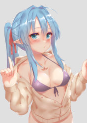 Rule 34 | + +, 1girl, ahoge, animal hood, bare shoulders, bikini, bikini top only, black bikini, blue eyes, blue hair, blush, breasts, breasts apart, buttons, cat hood, collarbone, elf, fingernails, front-tie bikini top, front-tie top, grey background, hair between eyes, hair intakes, hair ornament, hair ribbon, halterneck, hands up, highres, hood, hood down, hoodie, index finger raised, long fingernails, long hair, long sleeves, looking at viewer, medium breasts, nail polish, off shoulder, open clothes, open hoodie, original, parted lips, pink nails, pocket, pointy ears, ponytail, red ribbon, ribbon, sidelocks, simple background, solo, swimsuit, upper body, zhaofeng yinyue