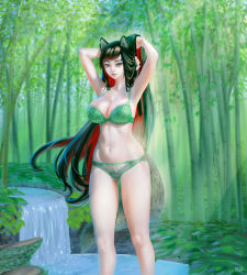 Rule 34 | 1girl, adjusting hair, animal ears, azibuda, bad id, bad pixiv id, black hair, bra, forest, green bra, green panties, highres, imaizumi kagerou, long hair, looking at viewer, multicolored hair, nature, panties, red eyes, red hair, slit pupils, solo, stream, tail, touhou, two-tone hair, underwear, underwear only, very long hair, water, wolf ears, wolf tail