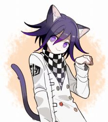 Rule 34 | 1202 koge, 1boy, animal ear fluff, animal ears, cat boy, cat ears, cat tail, checkered clothes, checkered scarf, colored tips, commentary, danganronpa (series), danganronpa v3: killing harmony, hair between eyes, long sleeves, looking at viewer, male focus, multicolored hair, oma kokichi, purple eyes, purple hair, scarf, smile, solo, straitjacket, symbol-only commentary, tail