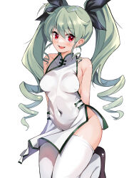 Rule 34 | 1girl, absurdres, anchovy (girls und panzer), arms behind back, bare shoulders, black footwear, black ribbon, blaze (blazeillust), blush, breasts, china dress, chinese clothes, commentary request, covered erect nipples, covered navel, dress, drill hair, girls und panzer, green hair, hair between eyes, hair ribbon, highres, long hair, looking at viewer, medium breasts, open mouth, red eyes, ribbon, side slit, simple background, sleeveless, sleeveless dress, smile, solo, taut clothes, taut dress, thighhighs, twin drills, white background, white dress, white thighhighs