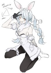 Rule 34 | 1girl, :d, animal ear fluff, animal ears, arm up, arrow (symbol), bare shoulders, black gloves, black pantyhose, blue hair, blush, bow, braid, braided ponytail, breasts, carrot hair ornament, coat dress, creature, detached sleeves, don-chan (usada pekora), dress, extra ears, food-themed hair ornament, full body, fur-trimmed dress, fur-trimmed gloves, fur trim, gloves, hair bow, hair ornament, highres, hololive, light blue hair, long hair, looking at viewer, muted color, open mouth, orange eyes, pantyhose, partially colored, rabbit, rabbit ears, rabbit girl, short sleeves, simple background, sitting, small breasts, smile, solo, strapless, strapless dress, tatame, teeth, thigh strap, triangle, unfinished, upper teeth only, usada pekora, usada pekora (1st costume), virtual youtuber, w, wariza, white background, white bow, white dress, white sleeves