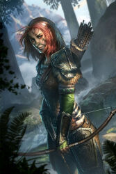 Rule 34 | 1girl, aela the huntress, armor, bow (weapon), facepaint, fern, pauldrons, quiver, red hair, shoulder armor, the elder scrolls, the elder scrolls v: skyrim, tree, weapon