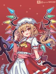 Rule 34 | 1girl, absurdres, blonde hair, bracelet, fang, flandre scarlet, hat, highres, holding, holding staff, jewelry, looking at viewer, mob cap, pixel art, pointy ears, red background, red eyes, red shirt, red skirt, ribbon, shirt, skin fang, skirt, solo, staff, touhou, twitter username, twitter x logo, upper body, v, vampire, white hat, white shirt, yellow ribbon, yum4802888