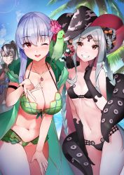 Rule 34 | 1boy, 2girls, abigail williams (fate), abigail williams (swimsuit foreigner) (fate), abigail williams (swimsuit foreigner) (first ascension) (fate), absurdres, ahoge, alternate costume, animal, animal on shoulder, armlet, ashiya douman (fate), bikini, bird, bird on shoulder, black bikini, black bow, black cat, black eyes, black gloves, black hair, blue sky, bow, braid, braided ponytail, breasts, cat, cleavage, closed mouth, cloud, collarbone, commentary request, day, double bun, elbow gloves, fate/grand order, fate (series), fingernails, flower, forehead, gloves, green bikini, green vest, grey hair, hair between eyes, hair bow, hair bun, hair flower, hair ornament, hat, highres, index finger raised, japanese clothes, jewelry, kama (fate), kama (swimsuit avenger) (fate), kama (swimsuit avenger) (second ascension) (fate), keyhole, large breasts, long hair, looking at viewer, multicolored hair, multiple girls, navel, one eye closed, open mouth, orange bow, outdoors, palm tree, parakeet, parted bangs, pendant, pink flower, ponytail, reaching, reaching towards viewer, red eyes, sezok, sidelocks, single hair bun, sky, small breasts, smile, sunlight, swimsuit, teeth, tentacles, thighs, tree, two-tone hair, upper teeth only, very long hair, vest, white hair