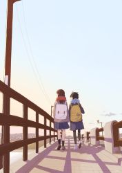 Rule 34 | 2girls, :d, arm at side, arm up, arms at sides, backpack, bag, black coat, black hair, black socks, blue scarf, blue sky, bridge, brown footwear, brown hair, cityscape, closed eyes, cloud, coat, commentary request, day, evening, from behind, gradient sky, grey coat, highres, holding hands, interlocked fingers, itunohika, kneehighs, long hair, long sleeves, looking afar, multiple girls, open mouth, orange sky, original, outdoors, pantyhose, pleated skirt, power lines, red scarf, scarf, shadow, shoes, short hair, side-by-side, skirt, sky, smile, sneakers, socks, standing, sunlight, twilight, utility pole, walking, white bag, white footwear, yellow bag