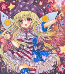Rule 34 | 1girl, :d, american flag dress, american flag legwear, back bow, blonde hair, blue brooch, bow, brooch, clownpiece, cowboy shot, dress, fairy wings, fang, frilled dress, frilled thighhighs, frills, hair between eyes, hat, holding, holding torch, jester cap, jewelry, long hair, looking at viewer, marker (medium), neck ribbon, open mouth, polka dot headwear, purple hat, purple ribbon, red eyes, ribbon, rui (sugar3), sample watermark, short sleeves, skin fang, smile, solo, star (symbol), thighhighs, torch, touhou, traditional media, watermark, wings, wrist cuffs, zettai ryouiki
