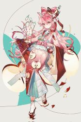 Rule 34 | 1girl, animal, artist name, blush, bow, chinese clothes, closed mouth, dress, flower, food, fruit, grey background, hair between eyes, hair bow, hair flower, hair ornament, hair ribbon, happybiirthd, highres, holding, holding food, holding fruit, jewelry, long hair, long sleeves, looking at viewer, necklace, original, patterned clothing, petals, pig, pink bow, pink dress, pink eyes, pink hair, red dress, red petals, ribbon, signature, simple background, smile, solo, standing, traditional clothes, watermark