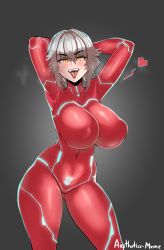 Rule 34 | 1girl, aestheticc-meme, arms behind head, arms up, artist name, bodysuit, breasts, fangs, grey background, heart, highres, huge breasts, skin tight, solo, spoken heart, teeth, tongue, tongue out, virtual youtuber, vshojo, white hair, yellow eyes, zentreya, zentreya (cyborg), zentreya (cyborg) (1st costume)