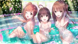Rule 34 | 3girls, :d, ahoge, alternate costume, bare arms, bare legs, bare shoulders, barefoot, blush, bow, breasts, brown eyes, brown hair, bush, cleavage, clothes lift, collarbone, commentary request, day, dress, dress lift, flower, from side, garden, hair bow, hair flip, half updo, halterneck, idolmaster, idolmaster cinderella girls, igarashi kyoko, kohinata miho, long hair, looking at viewer, medium breasts, multiple girls, one eye closed, one side up, open mouth, outdoors, partially submerged, petals, petals on liquid, pink check school, pink flower, pink rose, pool, red flower, red rose, ripples, rose, rose petals, see-through, shimamura uzuki, shiny skin, short hair, side ponytail, sidelocks, sitting, smile, sunlight, u rin, wading, water, wet, wet clothes, white dress