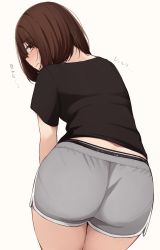 Rule 34 | 1girl, ass, black panties, black shirt, blush, bob cut, brown eyes, brown hair, closed mouth, commentary request, from behind, grey background, grey shorts, hair between eyes, highres, kapatarou, leaning forward, looking at viewer, looking back, original, panties, shirt, short shorts, short sleeves, shorts, simple background, solo, translation request, underwear