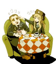 Rule 34 | 1boy, 1girl, ^ ^, armchair, cake, chair, closed eyes, coffee, crossover, cup, drawfag, eyebrows, food, formal, fur hat, hammer and sickle, happy, hat, k-on!, kotobuki tsumugi, leonid brezhnev, loafers, pastry, politician, real life, russia, saucer, school uniform, shoes, simple background, sitting, smile, soviet, suit, table, tablecloth, tea, teacup, thick eyebrows, trait connection, ushanka, white background