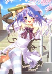 Rule 34 | 1girl, :d, absurdres, cherry blossoms, crossed legs, hair ornament, hairclip, hat, highres, izumi tsubasu, legs, one eye closed, open mouth, pantyhose, purple eyes, purple hair, school uniform, sitting, sitting on stairs, smile, stairs, striped clothes, striped pantyhose, striped thighhighs, thighhighs