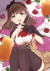 Rule 34 | 1girl, :d, balloon, bead bracelet, beads, black cape, blue eyes, blush, bracelet, breasts, brown gloves, brown hair, brown skirt, brown thighhighs, cape, commentary request, crossed fingers, feet out of frame, flower, gloves, hairband, heart, highres, idolmaster, idolmaster cinderella girls, jewelry, knees up, looking at viewer, lying, medium breasts, miniskirt, nail polish, on back, open mouth, pleated skirt, red flower, red nails, red ribbon, ribbon, rose, sakuma mayu, shirt, short hair, single glove, skirt, smile, solo, thighhighs, underbust, white shirt, wrist ribbon, x fingers, yushima