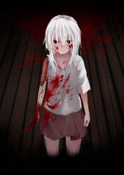 Rule 34 | 1girl, black skirt, blood, blood on clothes, blood on face, blood on ground, bloody weapon, hair between eyes, highres, horror (theme), long hair, looking at viewer, original, red eyes, sakiwafu, scar, scar on arm, shirt, skirt, solo, standing, torn sleeve, weapon, white hair, white shirt