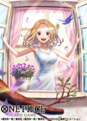 Rule 34 | 1girl, bird, blonde hair, brown eyes, commentary request, copyright name, cowboy shot, dress, falling petals, floating hair, haru (toyst), kaya (one piece), looking at viewer, medium hair, official art, one piece, open mouth, petals, pink curtains, plant, potted plant, sleeveless, sleeveless dress, smile, solo