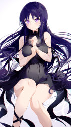 Rule 34 | 1girl, assault lily, bad id, bad pixiv id, bare shoulders, black dress, blue hair, blush, breasts, collar, dress, frilled collar, frills, highres, large breasts, long hair, looking at viewer, meen (ouaughikepdvrsf), purple eyes, shiny skin, shirai yuyu, simple background, solo, white background