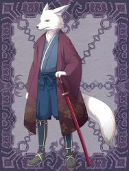 Rule 34 | 1other, androgynous, armored boots, blue kimono, blue pants, boots, closed mouth, coat, commentary request, full body, furry, haori, holding, holding sword, holding weapon, japanese clothes, katana, kerberos blade, kimono, long sleeves, looking at viewer, natsuya (kuttuki), pants, purple background, red coat, sheath, sheathed, solo, standing, sword, weapon, wide sleeves, wolf, yellow eyes