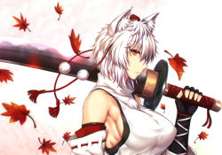 Rule 34 | animal ear fluff, animal ears, bare shoulders, black gloves, breasts, closed mouth, fingerless gloves, gloves, highres, holding, holding sword, holding weapon, inubashiri momiji, large breasts, leaf, maple leaf, muscular, muscular female, petals, shirt, short hair, simple background, sword, touhou, upper body, weapon, white background, white shirt, white sleeves, wolf ears, wolf girl, zatma0041