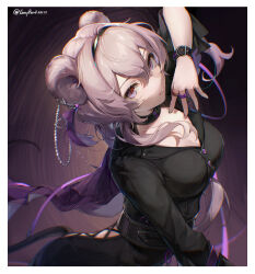 Rule 34 | 1girl, absurdres, animal ears, arknights, arm up, black choker, black dress, border, breasts, choker, cleavage, closed mouth, collarbone, dress, gradient background, grey hair, guippang, hairband, highres, jewelry, large breasts, lin (arknights), long hair, looking at viewer, mouse ears, multiple rings, purple eyes, ring, smile, solo, twitter username, upper body, white border, wristband