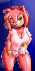 Rule 34 | 1girl, 2020, amy rose, bracelet, breasts, cleavage, dated, eyelashes, furry, gloves, green eyes, half-closed eyes, headband, hedgehog, highres, jewelry, looking at viewer, pink fur, pink hair, seductive smile, sega, shirt, short hair, signature, simple background, smile, smirk, sonic (series), source request, t-shirt, tiquitoc, twitter username, underwear, undressing, watermark, web address, white gloves, wide hips