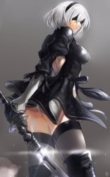 Rule 34 | 1girl, absurdres, ass, back, back cutout, black dress, black gloves, black thighhighs, blindfold, boots, breasts, clothing cutout, dress, gloves, hairband, hieung, highres, holding, holding sword, holding weapon, katana, leotard, nier (series), nier:automata, short hair, silver hair, solo, sword, thigh boots, thighhighs, weapon, 2b (nier:automata)