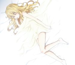 Rule 34 | 1girl, barefoot, bed, feet, female focus, finger to mouth, gradient background, highres, iltutmish, long hair, lying, nude, screencap, solo, stitched, taboo tattoo, tagme, third-party edit, white background
