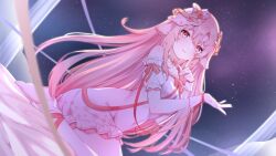 Rule 34 | 1girl, animal ears, arched back, bare shoulders, blush, bow, constellation, detached sleeves, dress, dutch angle, flower, from side, gloves, hair ornament, hand up, heart, highres, index finger raised, leg ribbon, long hair, looking at viewer, night, night sky, norada, original, parted lips, pink eyes, pink hair, ribbon, short sleeves, sitting, sky, smile, solo, star (sky), starry sky, very long hair, virtual youtuber, wariza, white dress, white gloves