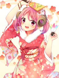 Rule 34 | 10s, 1girl, alternate costume, arm up, bad id, bad pixiv id, fake horns, floral print, flower, fuuen (akagaminanoka), hair flower, hair ornament, highres, horns, japanese clothes, kantai collection, kimono, long sleeves, obi, open mouth, pink eyes, pink hair, sash, sazanami (kancolle), sheep horns, shuttlecock, smile, solo, twintails, wide sleeves