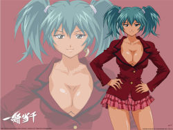 Rule 34 | 00s, 1girl, ahoge, breasts, cleavage, copyright name, cowboy shot, dated, earrings, hair between eyes, hands on own hips, highres, ikkitousen, jewelry, jpeg artifacts, large breasts, miniskirt, no bra, official art, official wallpaper, pink background, pocket, ryofu housen, school uniform, simple background, single earring, skirt, solo, standing, twintails