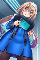 Rule 34 | 1girl, black pantyhose, blonde hair, blue dress, bodysuit, breasts, capelet, covered navel, dress, earrings, green eyes, hairband, highres, jewelry, long hair, low twintails, military, military uniform, mitsuba greyvalley, pantyhose, red neckwear, skin tight, super robot wars, super robot wars 30, triangle earrings, twintails, uniform, white capelet, white hairband, zero130