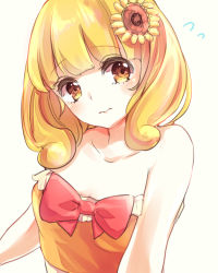 Rule 34 | 10s, 1girl, bare shoulders, blonde hair, bow, brown eyes, flower, flying sweatdrops, hair flower, hair ornament, highres, kashiwagi chisame, kise yayoi, looking at viewer, precure, simple background, smile precure!, solo, strapless, sunflower, tube top, upper body