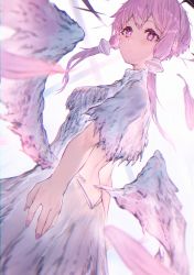 Rule 34 | 1girl, absurdres, backless dress, backless outfit, blush, closed mouth, commentary request, dress, feathers, grey dress, grey wings, highres, hiiragi mikoto, long hair, looking away, looking to the side, low wings, pink feathers, purple eyes, purple hair, short sleeves, solo, voiceroid, wings, yuzuki yukari