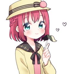 Rule 34 | 1girl, aqua eyes, black ribbon, blush, braid, commentary request, fake facial hair, fake mustache, hat, hat ribbon, heart, highres, holding, jacket, kurosawa ruby, long sleeves, looking at viewer, love live!, love live! school idol festival, love live! sunshine!!, neck ribbon, pink shirt, pom pom (clothes), red hair, ribbon, shirt, short hair, simple background, smile, solo, striped ribbon, upper body, white background, white hat, yashino 84, yellow jacket
