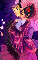 Rule 34 | 1boy, 1girl, ashi (samurai jack), black hair, bow, breasts, bug, butterfly, eyeliner, flower, from side, hair flower, hair ornament, highres, bug, japanese clothes, kimono, lips, lipstick, makeup, medium breasts, obi, oil-paper umbrella, rose, rotodisk, samurai jack, samurai jack (character), sash, short hair, sidelocks, spiked hair, thick eyebrows, topknot, umbrella, wide sleeves