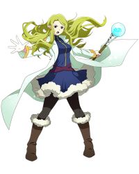 Rule 34 | 1girl, black pantyhose, blonde hair, blue dress, boots, brown eyes, brown footwear, cape, dress, floating hair, full body, fur trim, holding, holding staff, knee boots, log horizon, long hair, marielle (log horizon), official art, open mouth, outstretched arms, pantyhose, pointy ears, short dress, solo, staff, standing, transparent background, very long hair, white cape