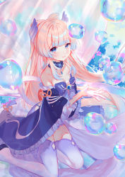 Rule 34 | 1girl, air bubble, babydoll, bare shoulders, blue eyes, blue gemstone, blue hair, blunt bangs, blush, bow-shaped hair, bubble, choker, closed mouth, colored tips, commentary request, frilled babydoll, frilled sleeves, frills, gem, genshin impact, gloves, half gloves, hand up, harushio, head wings, highres, kneeling, lace-trimmed choker, lace trim, long hair, looking at viewer, multicolored hair, pink hair, sangonomiya kokomi, short eyebrows, sidelocks, smile, solo, thick eyebrows, thighhighs, underwater, vision (genshin impact), white gloves, white thighhighs, wide sleeves, wings
